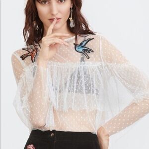 White Polka Dot Embroidered Mesh Ruffle Top